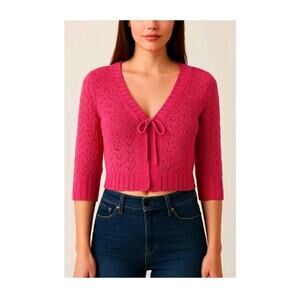 Willow & Wind Crochet Knit Cropped Cardigan sz M Fuschia Pink Tie Front
